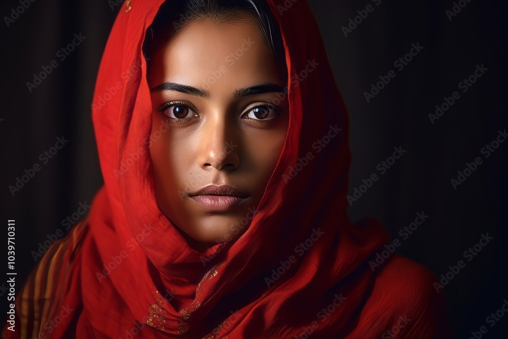Portrait of a beautiful young muslim woman in red cloth.