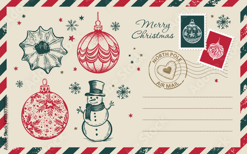 Christmas mail, postcard, hand drawn illustration.	
