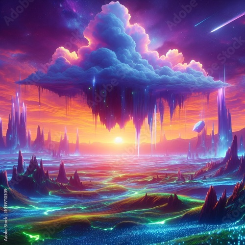 Fantasy Landscape with Floating Island, Vibrant Crystals, and Glowing Sunset Sky – Surreal Sci-Fi Environment photo