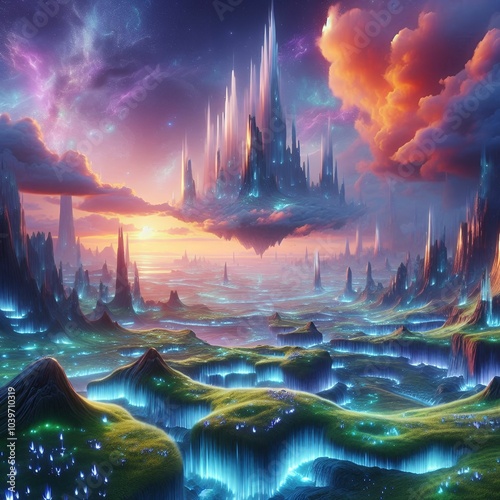 Fantasy Landscape with Floating Island, Vibrant Crystals, and Glowing Sunset Sky – Surreal Sci-Fi Environment photo