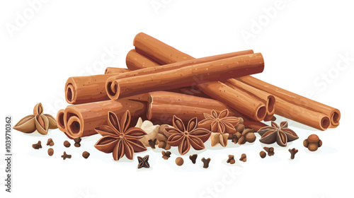 Cinnamon sticks star anise and other winter pumpkin spices Cooking exotic spice cinnamon for dessert food exact vector cartoon template