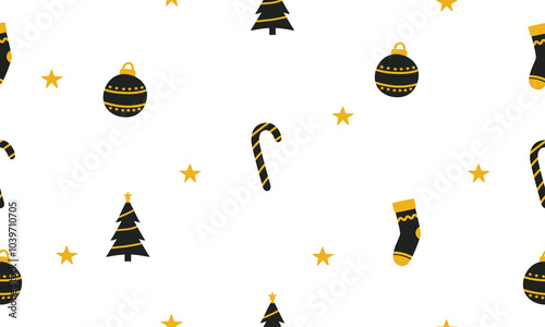 Black and yellow Christmas wrapping paper pattern on white background. Christmas gold and black seamless pattern perfect for wrapping paper