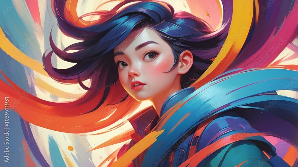 Obraz premium Stylized portrait of a young Asian woman with vibrant hair and colorful abstract background