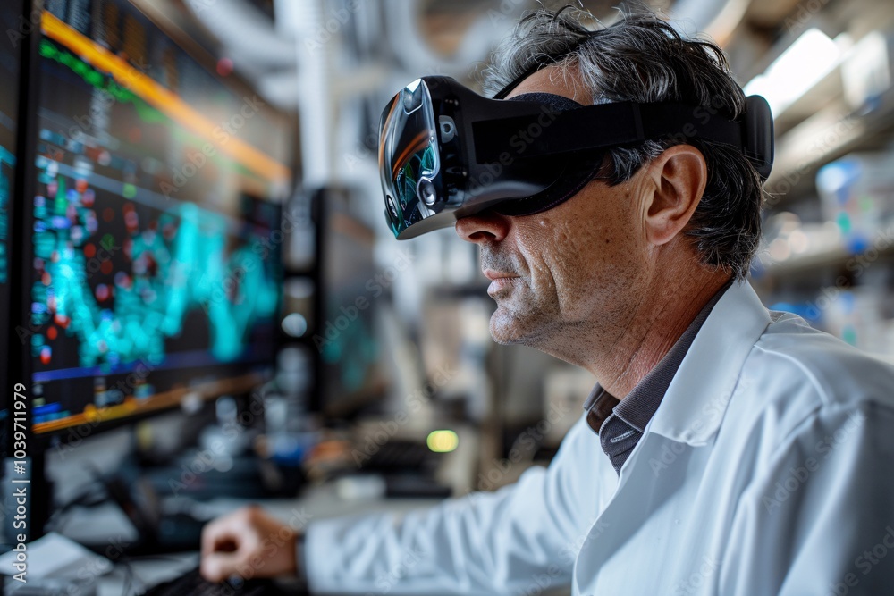 A scientist is focused on analyzing complex data displayed on multiple screens, wearing a virtual reality headset in a modern research laboratory. The environment is equipped with advanced technology A scientist is focused on analyzing complex data displayed on multiple screens, wearing a virtual reality headset in a modern research laboratory. The environment is equipped with advanced technology