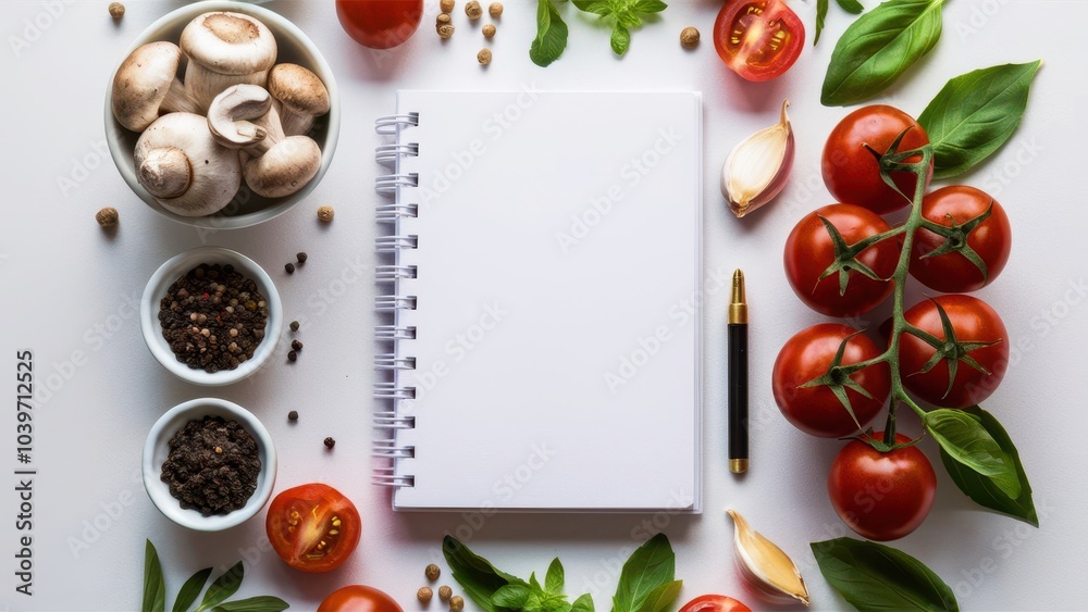 Fresh ingredients on a clean surface a culinary canvas for recipes featuring tomatoes mushrooms garlic and spices Fresh ingredients on a clean surface a culinary canvas for recipes featuring tomatoes mushrooms garlic and spices