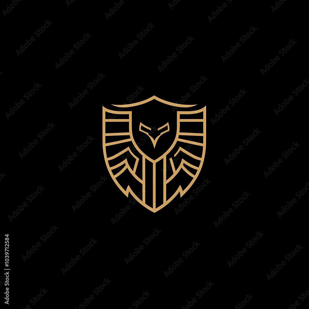 A golden eagle with spread wings inside a shield, on a black background. A golden eagle with spread wings inside a shield, on a black background.