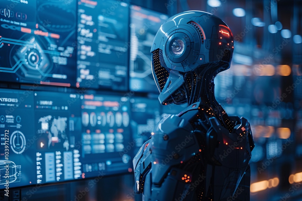 A humanoid robot stands before a series of glowing digital displays showcasing complex data and graphics A humanoid robot stands before a series of glowing digital displays showcasing complex data and graphics
