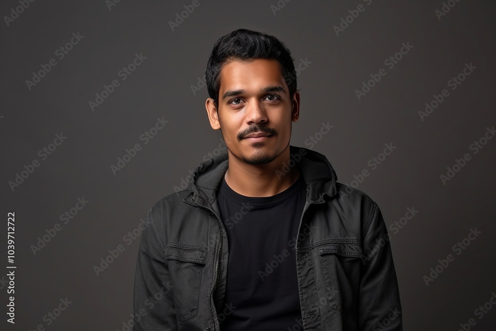 Portrait of a young indian man in a black jacket on a dark background Portrait of a young indian man in a black jacket on a dark background