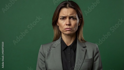 Portrait of an annoyed businesswoman in a suit, showing disappointment and disgust against a green background. Copy space available.