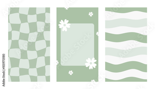 Trendy stories templates for social media. Set of vertical frames with groovy retro 70s style design. Backgrounds with white flower, wavy striped, checkered. Flat vector calm green wallpaper