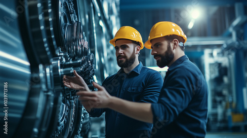 Side view of engineers in hard hats standing next to massive spinning turbines, their hands gesturing as they communicate about the systemâs operation in the industrial plant.