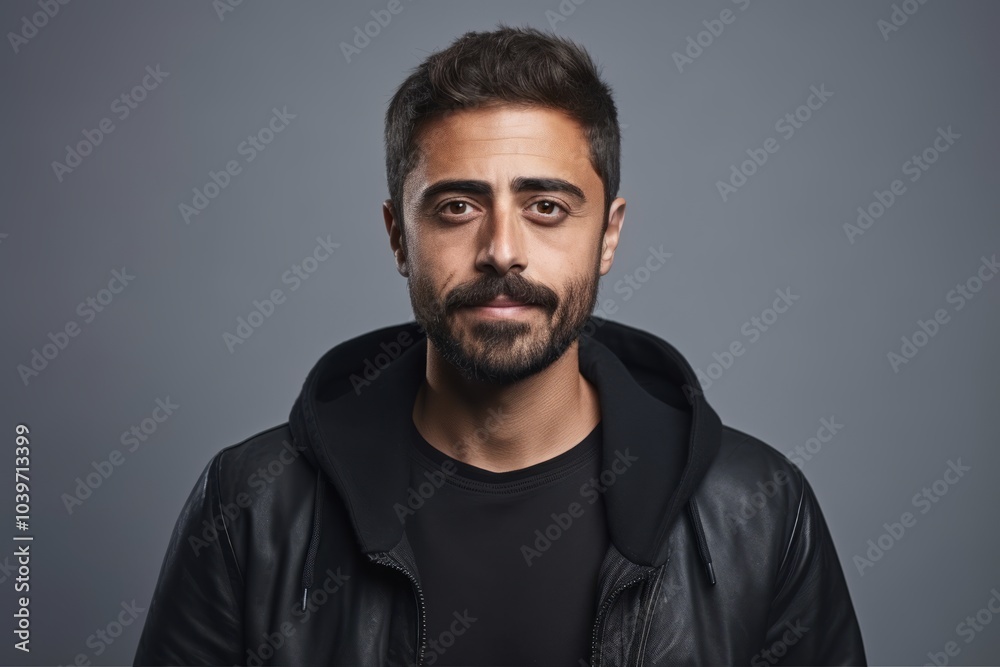 Portrait of handsome bearded man in black leather jacket, looking at camera. Portrait of handsome bearded man in black leather jacket, looking at camera.