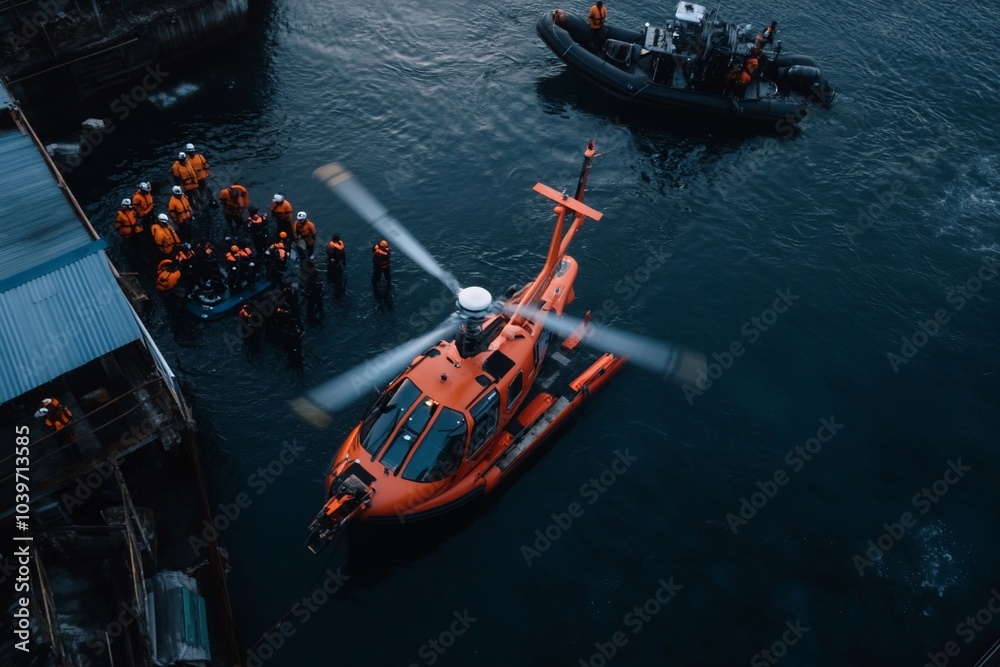 An orange helicopter with spinning blades hovers over a group of people in orange jackets standing in the water next to a dock. A small orange boat is visible in the background.