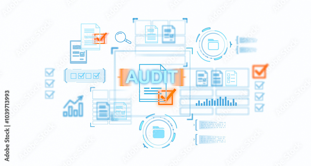 Illustration of audit-related icons, such as documents, checkmarks, and graphs, with blue and orange accents on a light background. Concept of data inspection Illustration of audit-related icons, such as documents, checkmarks, and graphs, with blue and orange accents on a light background. Concept of data inspection