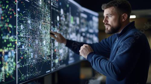 Network security professional standing near a wall of monitors, zooming in on a section of the MAN network experiencing abnormal activity while coordinating with other team members