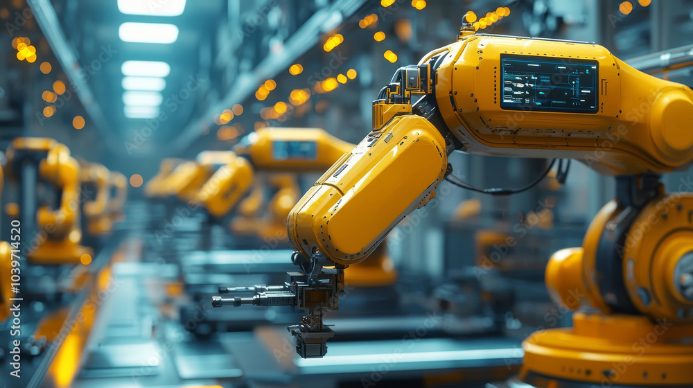 Robotic arms working on the assembly line in a smart factory Robotic arms working on the assembly line in a smart factory