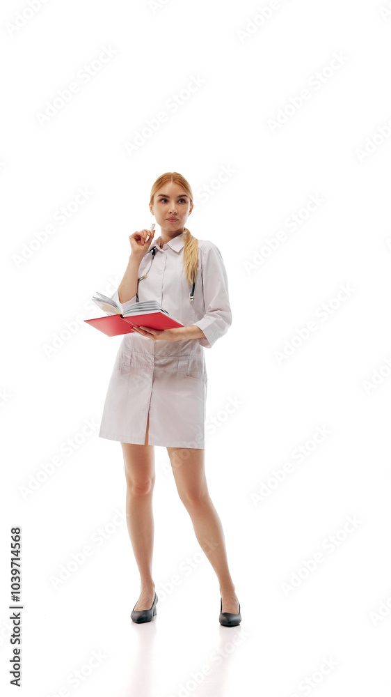 Female doctor holding notebook and pen, deep in thought, analyzing medical records. Medical research and healthcare education. Concept of medicine, health insurance, healthcare Female doctor holding notebook and pen, deep in thought, analyzing medical records. Medical research and healthcare education. Concept of medicine, health insurance, healthcare