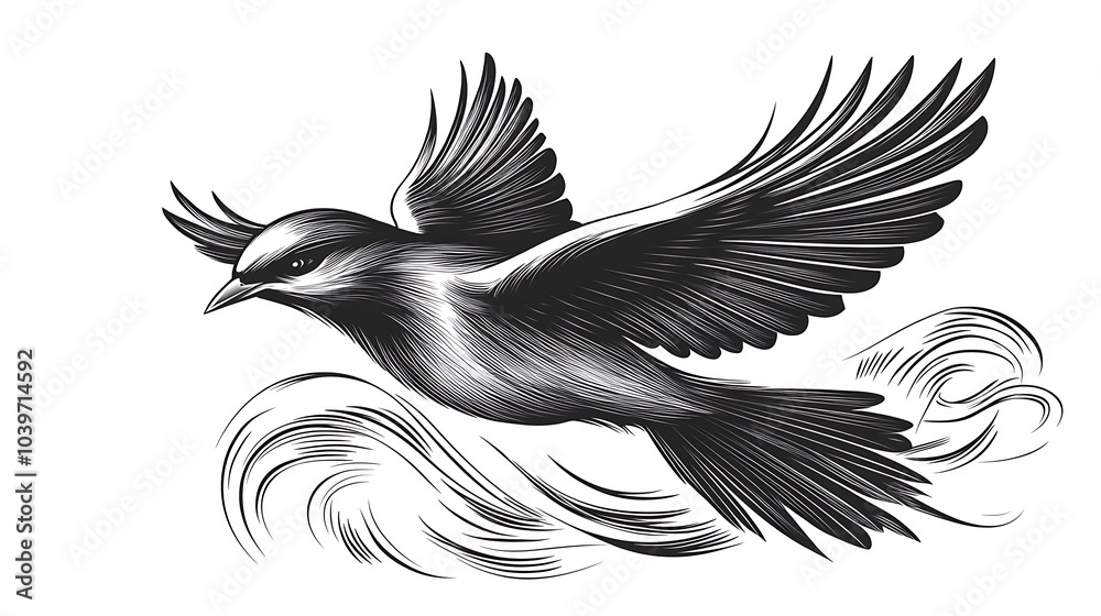 Obraz premium Elegant minimalist sketch of a bird with wings outstretched in flight, drawn on a clean white background, smooth and flowing linework capturing its serene motion, hd quality, gentle lines,