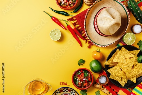 Cinco de Mayo traditional food and decorations on yellow background.