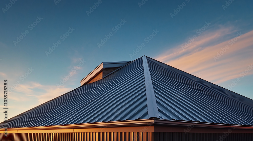 The geometric lines of a silver corrugated metal roof on a modern, cube-shaped house, casting shadows across the roof's surface as the sun sets in the background. The geometric lines of a silver corrugated metal roof on a modern, cube-shaped house, casting shadows across the roof's surface as the sun sets in the background.