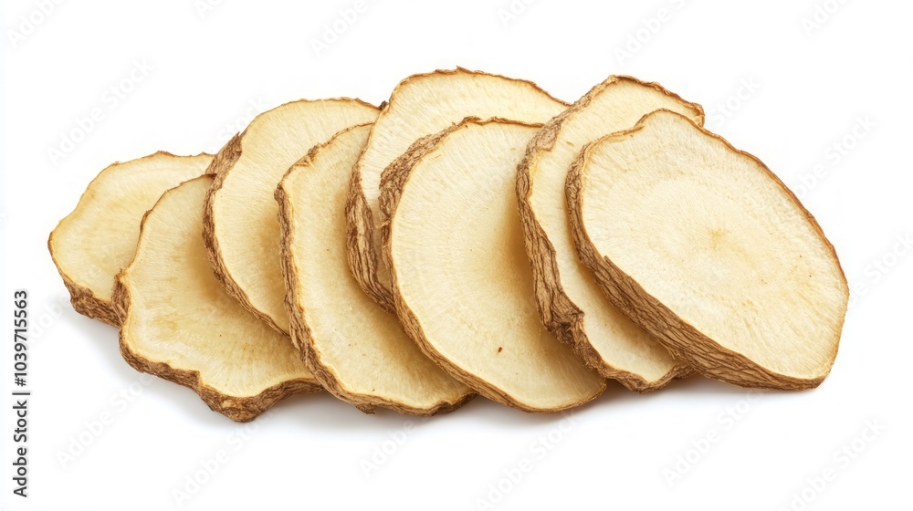 A group of eight fresh, raw parsnip slices arranged on a white background. A group of eight fresh, raw parsnip slices arranged on a white background.