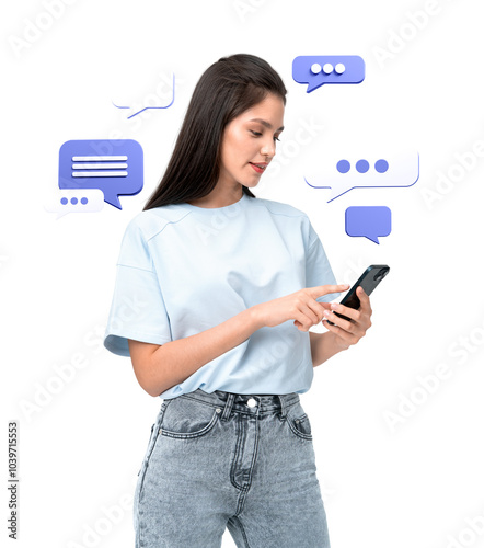 A woman using a smartphone surrounded by speech bubbles. White background with transparent bubbles. Concept of communication and social networking