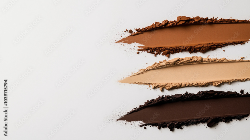 A flat lay of three textured eyeshadow smears in beige, brown, and gold tones, the pigments blending into each other against a minimalist white backdrop, symbolizing makeup artistr