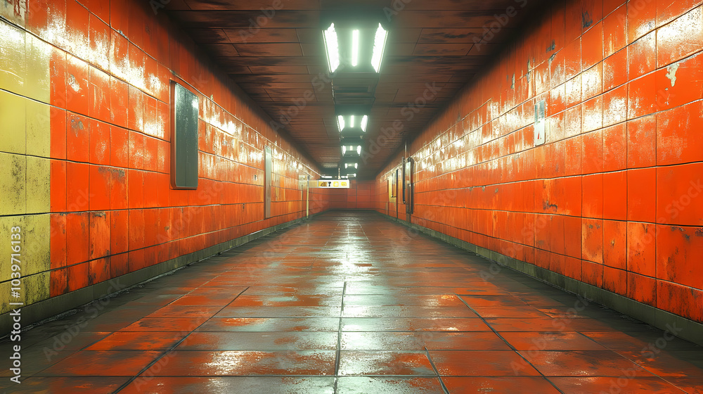 Fototapeta premium 3D Illustration of a Wet Tile Tunnel with Red Walls
