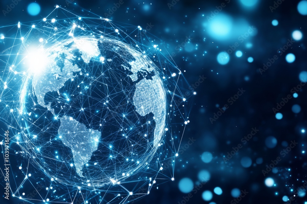 Obraz premium futuristic digital cover featuring a glowing global network with interconnected nodes.