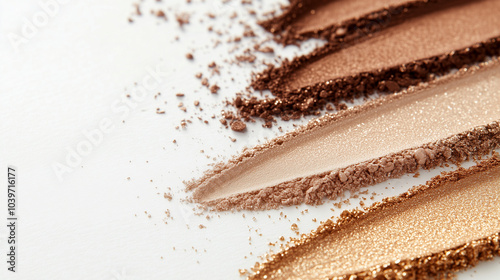 A close-up shot of soft beige, rich brown, and glittering gold eyeshadow smears, intricately textured on a white background, highlighting their smooth application and luxe finish.