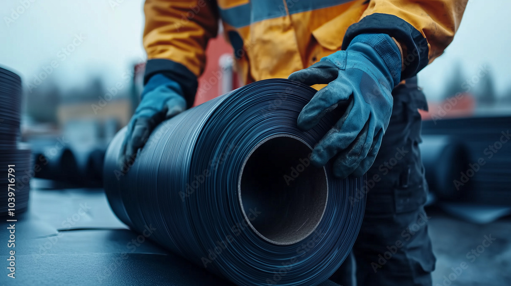 Close-up of a worker carefully gripping a roll of EPDM material, the textured rubber contrasting with the worker's industrial gloves, showcasing the strength of modern roofing tech Close-up of a worker carefully gripping a roll of EPDM material, the textured rubber contrasting with the worker's industrial gloves, showcasing the strength of modern roofing tech
