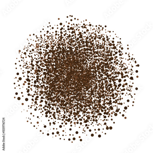 Coffee ground speckles powder, cocoa top view. Grainy bean with particles textured stain. Brown chocolate dust. grains and granules shape