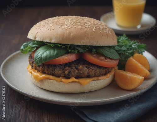 Un hamburger vegano dal cuore di ceci e spinaci, condito con salsa al basilico, pomodori secchi e cipolle caramellate, tutto racchiuso in un panino ai semi. photo