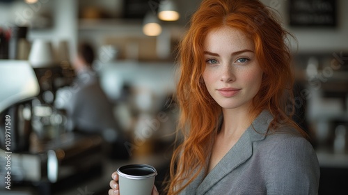 Red-haired woman, wearing a tailored business outfit, stands in a busy office kitchen.