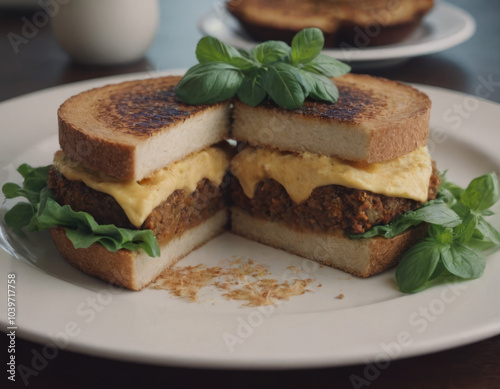 Un succulento hamburger vegano con una polpetta di patate dolci, cavolo riccio e una salsa vegana speziata, accompagnato da pomodori e cipolle caramellate in un panino artigianale.