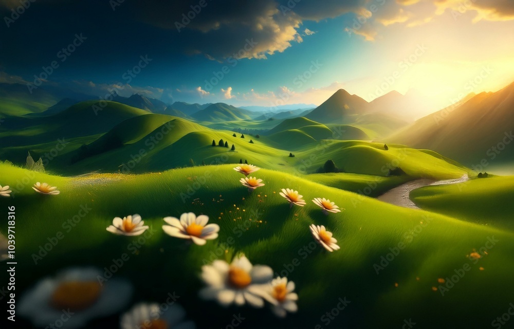 Fototapeta premium A winding river flows through a rolling green valley, surrounded by mountains and a bright blue sky.