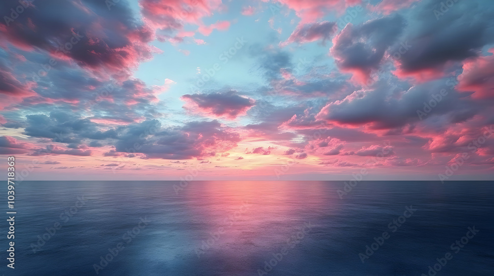 Obraz premium Pink and Blue Sky with Clouds Over Calm Ocean - Realistic Image
