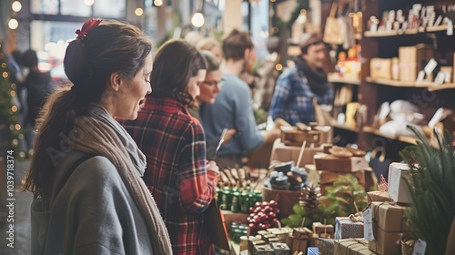 Early holiday shopping with people browsing gift ideas at a local craft...