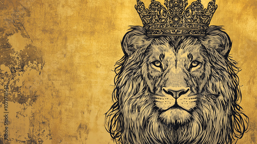 Powerful Lion in Crown on Textured Gold Background Intricate Hand-drawn Design photo