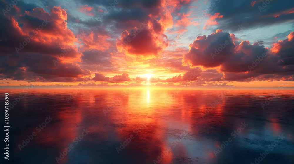 Dramatic Sunset over Calm Ocean - Illustration Dramatic Sunset over Calm Ocean - Illustration