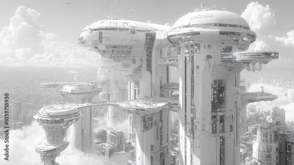 Futuristic cityscape with floating structures and clouds. Futuristic cityscape with floating structures and clouds.