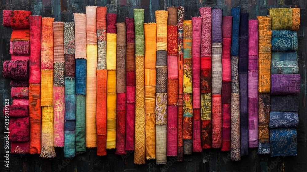 A Mosaic of Colors and Texture fabrics, textiles, and materials representin.