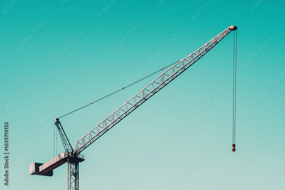 Minimalist view of a single crane arm extending into a clear sky, no other objects in sight.