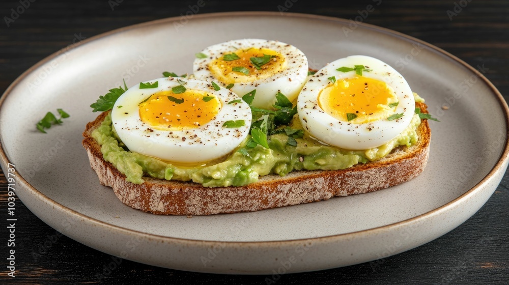 Delectable avocado toast with perfectly boiled eggs beautifully presented on a breakfast plate with soft shadows clean lines and neutral colors with green highlights