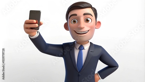 3D cartoon man in a suit and tie holding a cell phone, taking a selfie against a white background. photo