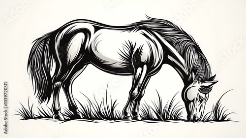 Elegant minimalist sketch of a horse grazing with its head lowered, minimalist style on a white background, flowing linework capturing the horse’s relaxed and gentle posture, hd quality, natural look, photo