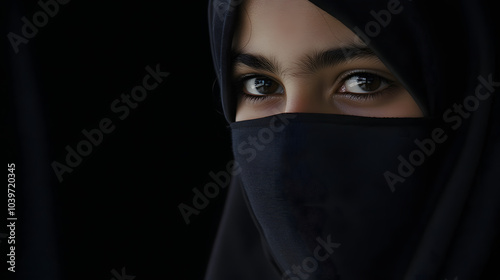 close-up of a woman in a black headscarf and veil, her intense eyes stand out against a dark background.