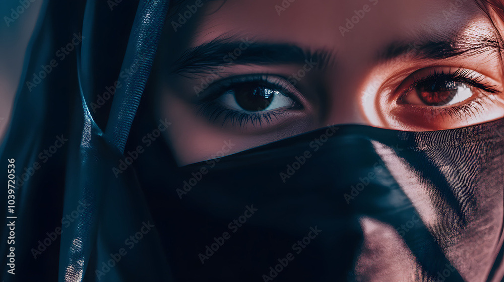 Artistic close-up of a woman’s eyes, half-covered by a veil, with dramatic lighting creating a compelling visual. Artistic close-up of a woman’s eyes, half-covered by a veil, with dramatic lighting creating a compelling visual.