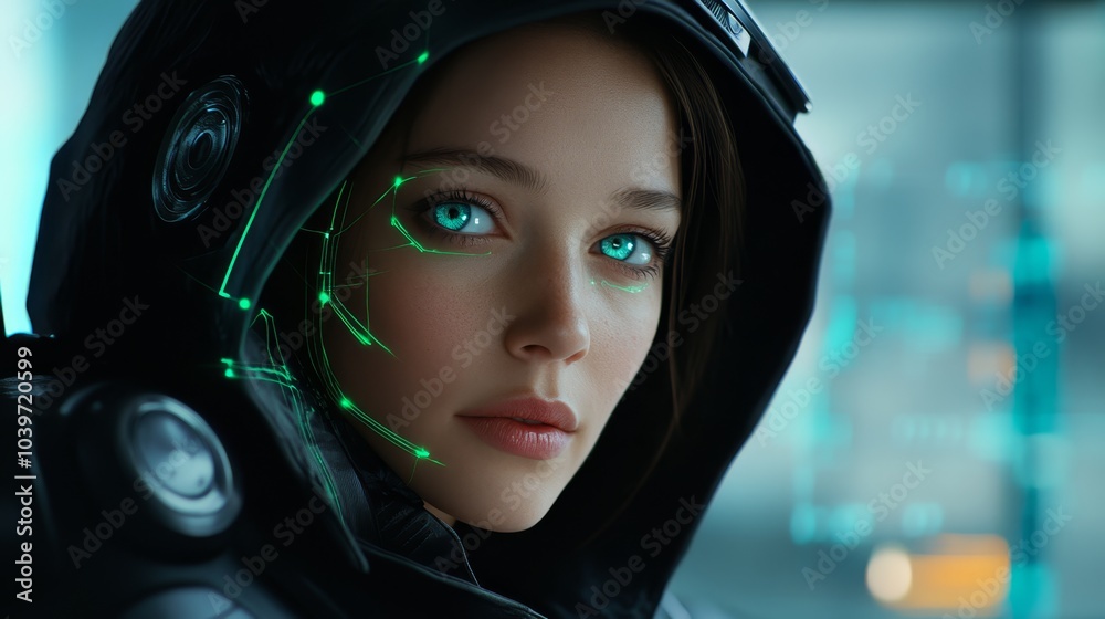 A tight shot of an individual donning a hoodie, green lights illuminating their face, and a futuristic helmet covering their head A tight shot of an individual donning a hoodie, green lights illuminating their face, and a futuristic helmet covering their head