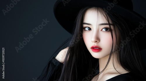  A woman in black hat, long black hair, red lipstick, and black dress